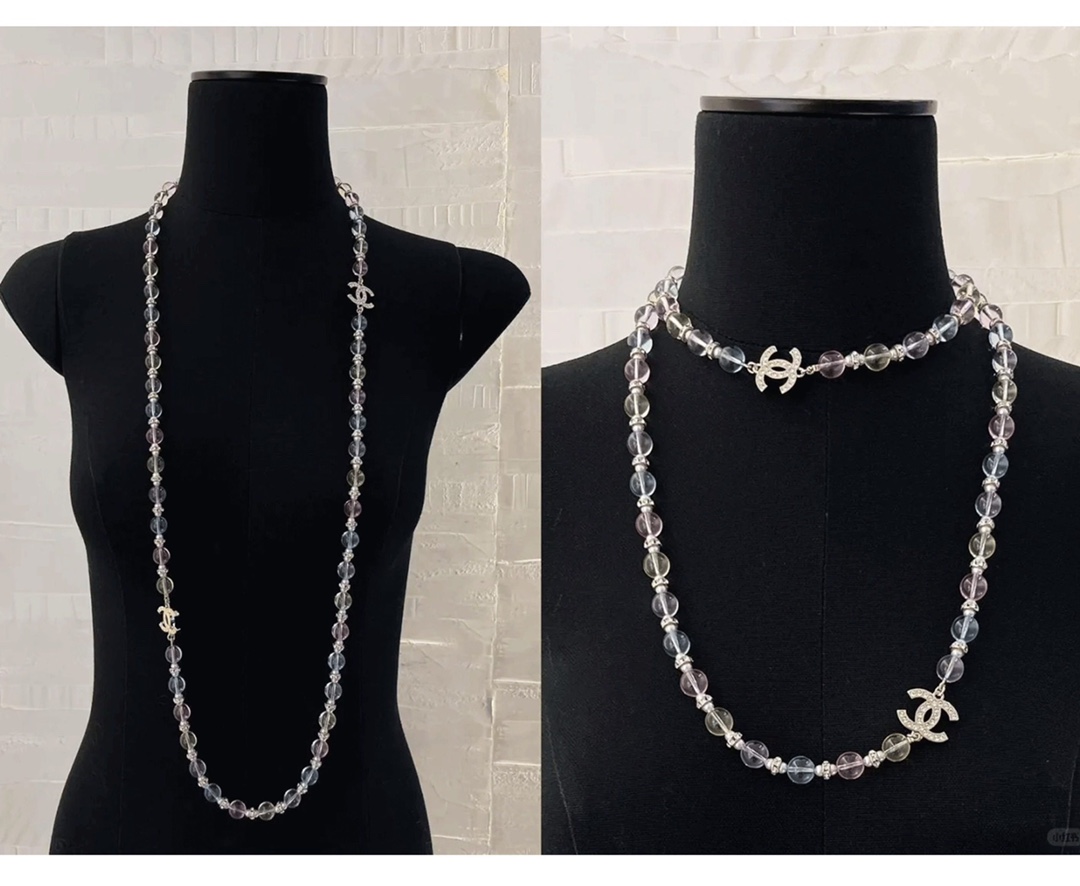 Chanel CC Logo Pastel Bead Bijoux Fantaisie necklace Gold-tone metal multicolor pastel transparent resin beads cream faux pearl clear crystal 42cm with 5cm extender chain