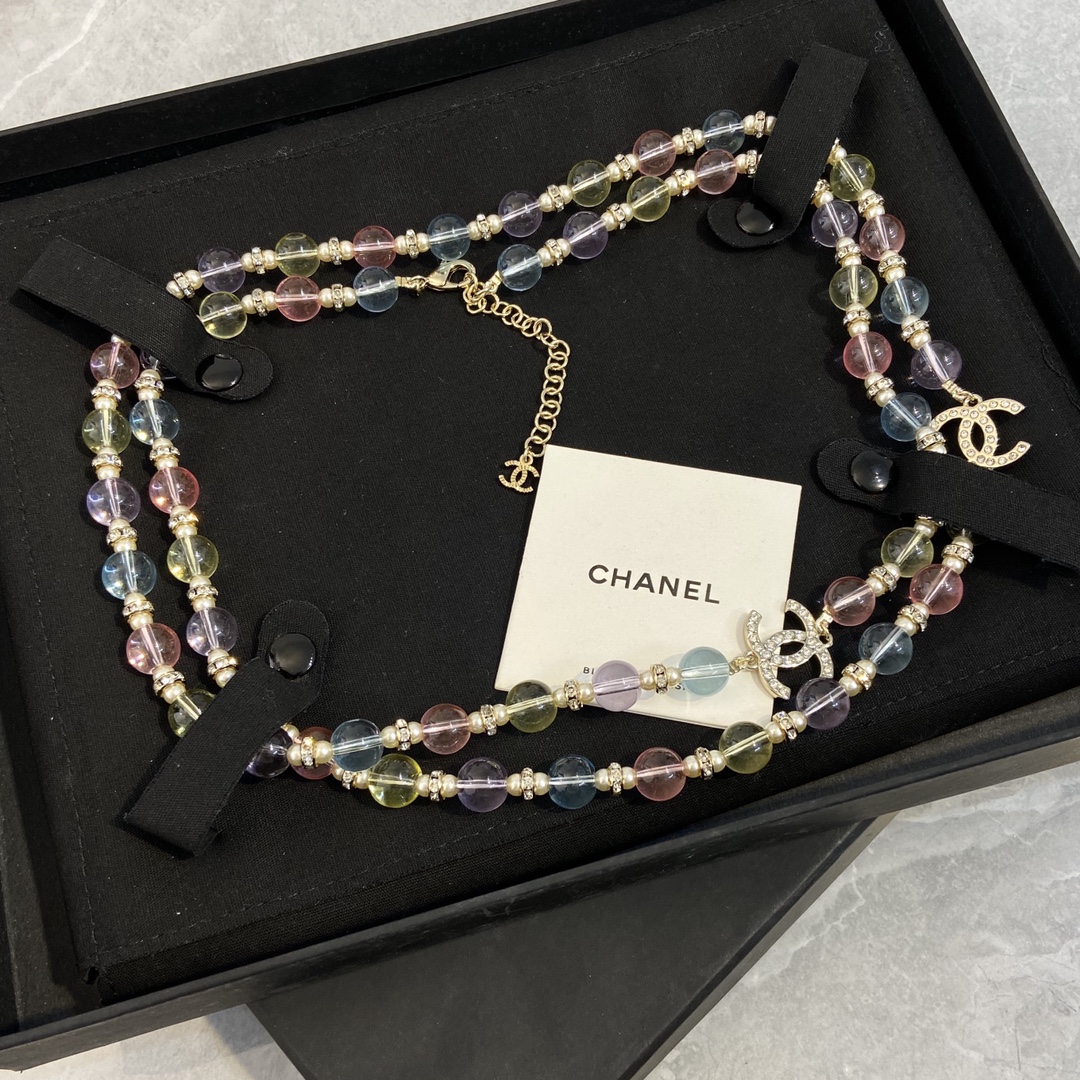 Chanel CC Logo Pastel Bead Bijoux Fantaisie necklace Gold-tone metal multicolor pastel transparent resin beads cream faux pearl clear crystal 42cm with 5cm extender chain
