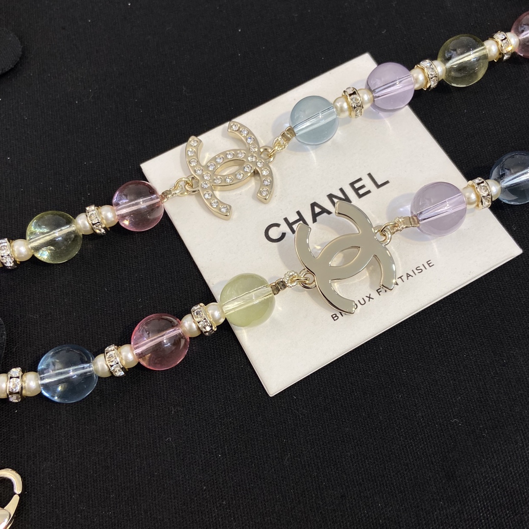 Chanel CC Logo Pastel Bead Bijoux Fantaisie necklace Gold-tone metal multicolor pastel transparent resin beads cream faux pearl clear crystal 42cm with 5cm extender chain
