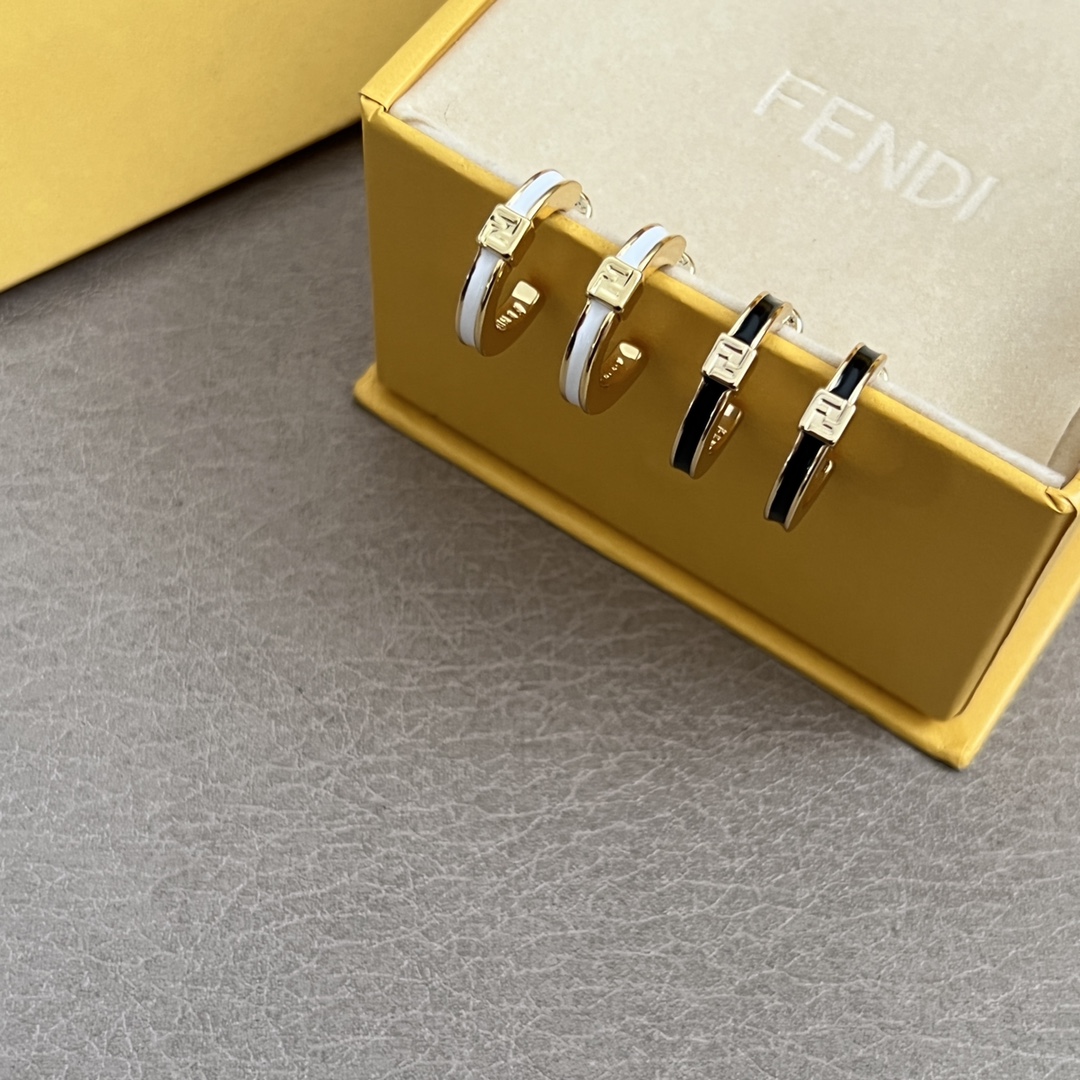 Fendi FF Logo Enamel Bangle Hoop Earrings Set bracelet earrings Gold-tone metal with white and black enamel accents One size bangle inner diameter 6cm hoop earring diameter 1 5cm