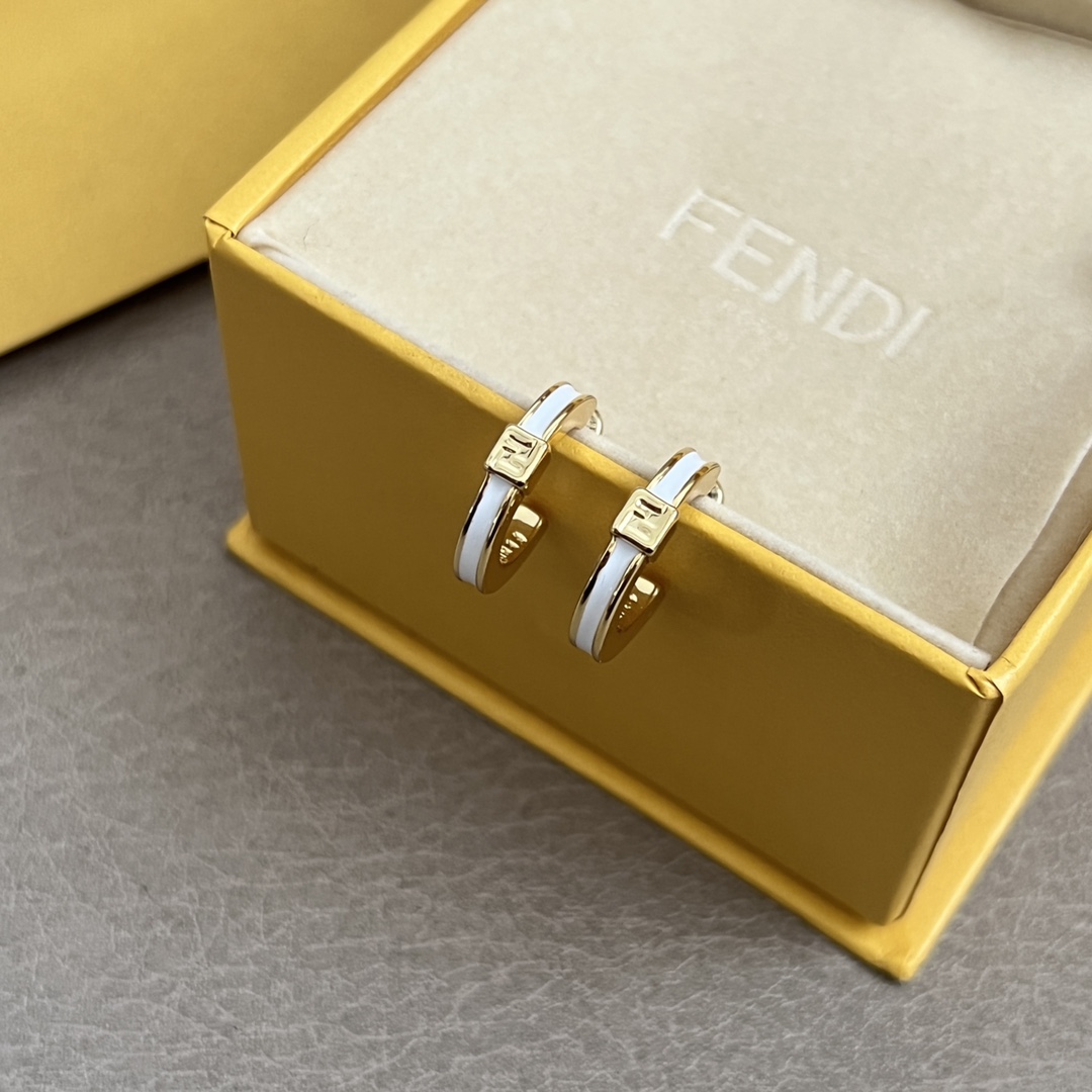 Fendi FF Logo Enamel Bangle Hoop Earrings Set bracelet earrings Gold-tone metal with white and black enamel accents One size bangle inner diameter 6cm hoop earring diameter 1 5cm