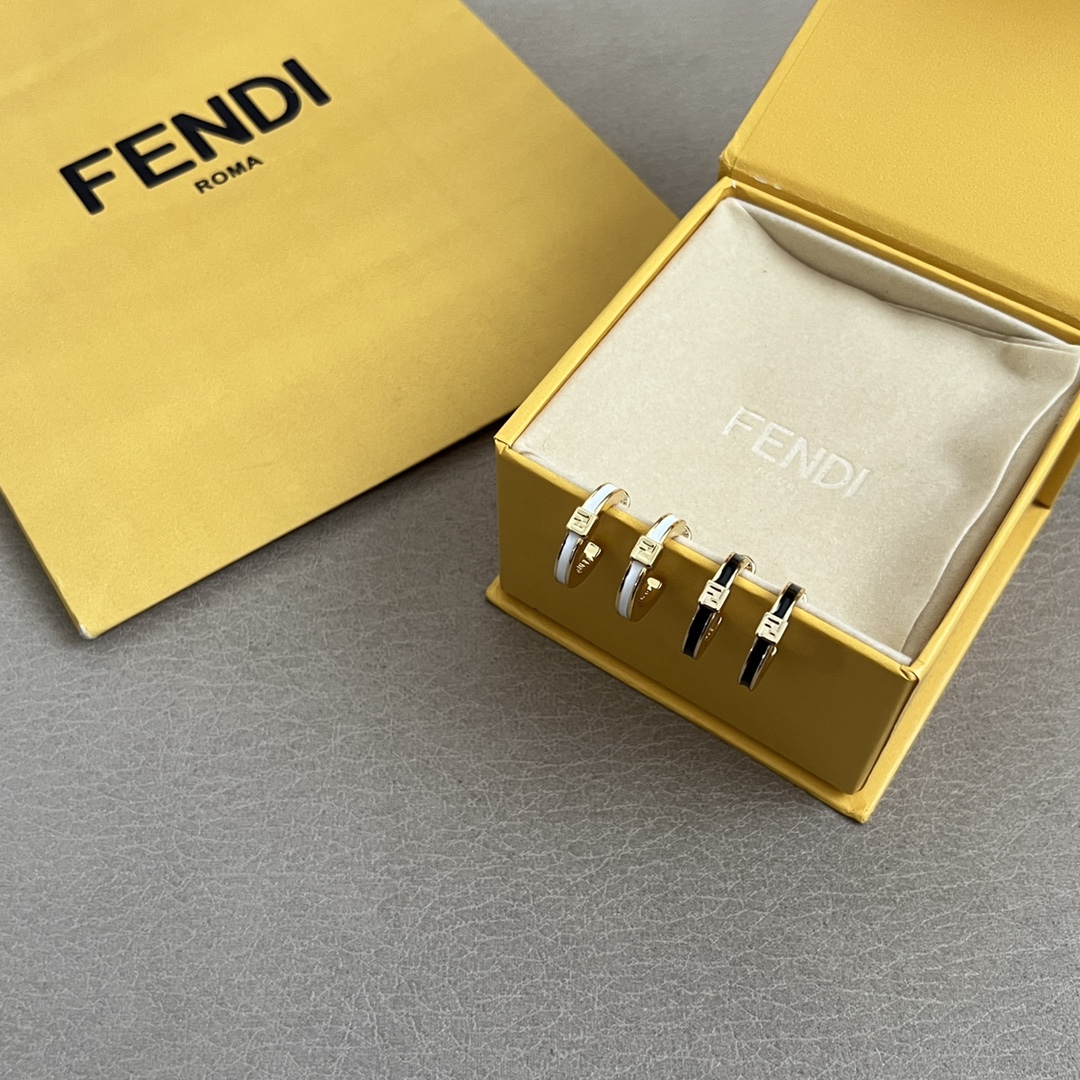 Fendi FF Logo Enamel Bangle Hoop Earrings Set bracelet earrings Gold-tone metal with white and black enamel accents One size bangle inner diameter 6cm hoop earring diameter 1 5cm
