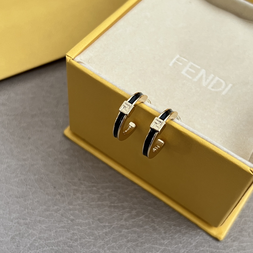 Fendi FF Baguette earrings gold-tone metal with black and white enamel 1 5cm hoop diameter