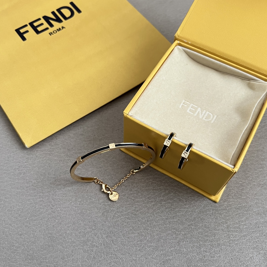 Fendi FF Baguette earrings gold-tone metal with black and white enamel 1 5cm hoop diameter