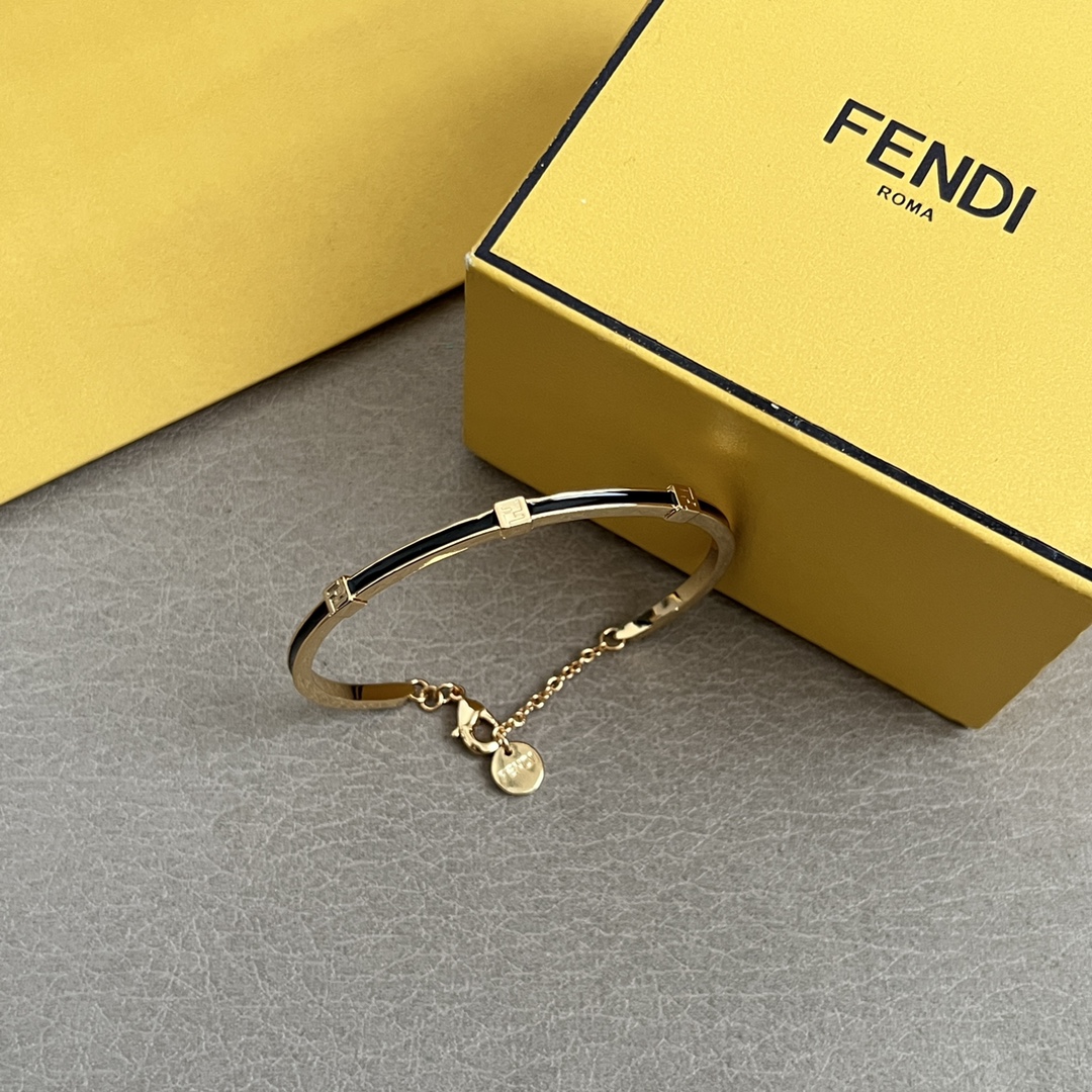 Fendi FF Baguette bracelet gold-tone metal with black enamel 17cm inner circumference