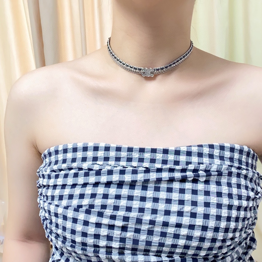 Celine Skeleton Chic Triomphe Choker necklace silver-toned metal with black woven inlay and clear crystal pave Triomphe logo 35cm with 5cm extender