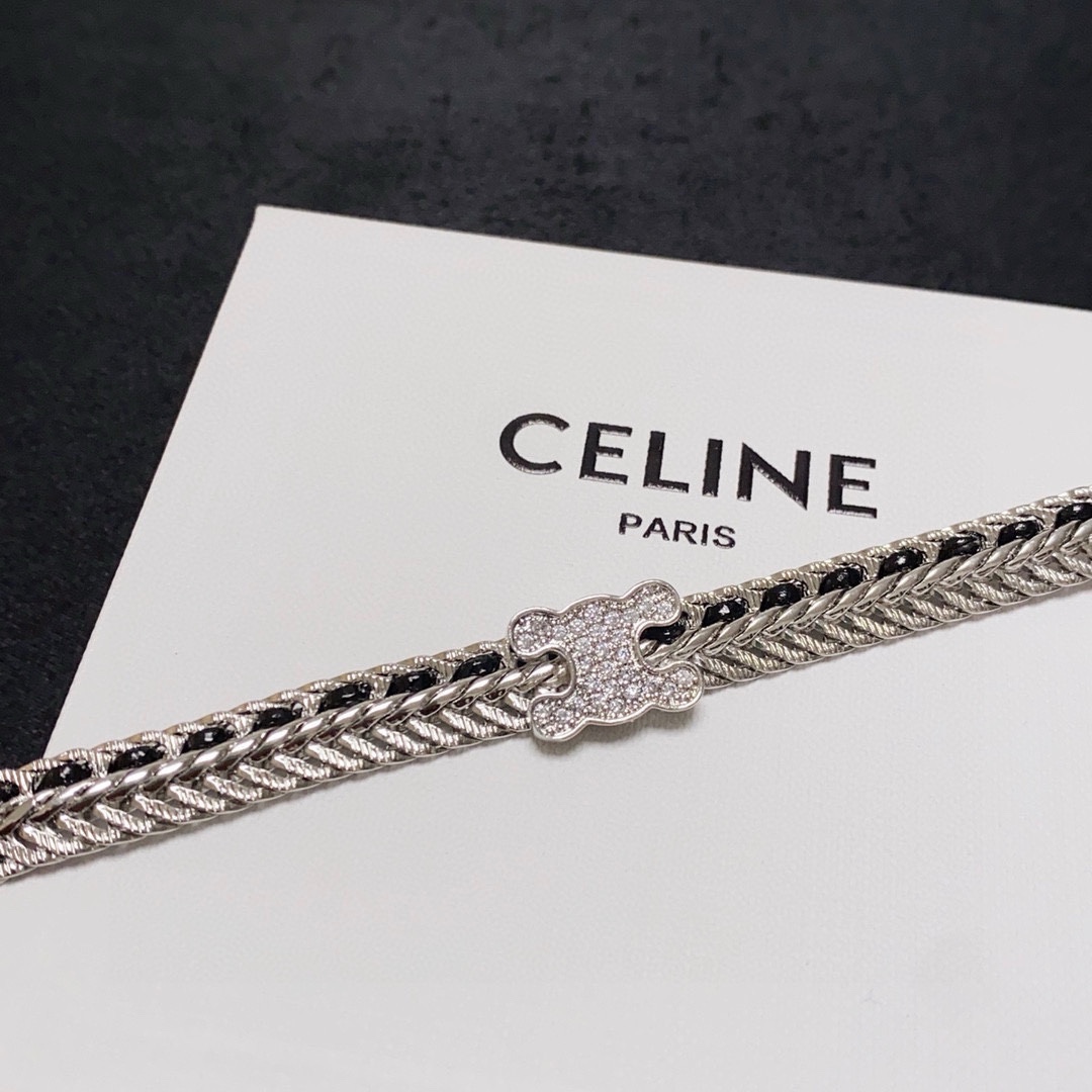 Celine Skeleton Chic Triomphe Choker necklace silver-toned metal with black woven inlay and clear crystal pave Triomphe logo 35cm with 5cm extender