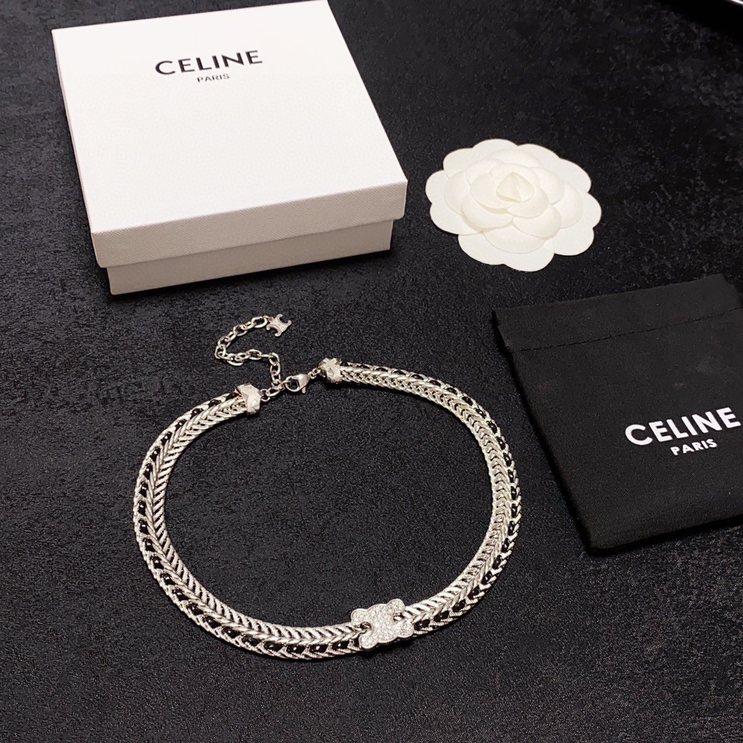 Celine Skeleton Chic Triomphe Choker necklace silver-toned metal with black woven inlay and clear crystal pave Triomphe logo 35cm with 5cm extender