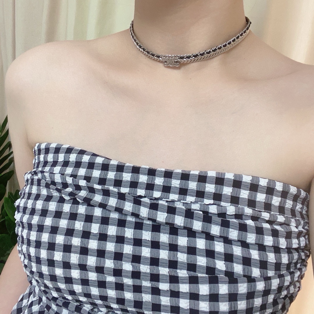 Celine Skeleton Chic Triomphe Choker necklace silver-toned metal with black woven inlay and clear crystal pave Triomphe logo 35cm with 5cm extender