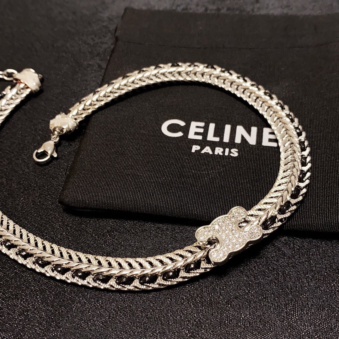 Celine Skeleton Chic Triomphe Choker necklace silver-toned metal with black woven inlay and clear crystal pave Triomphe logo 35cm with 5cm extender