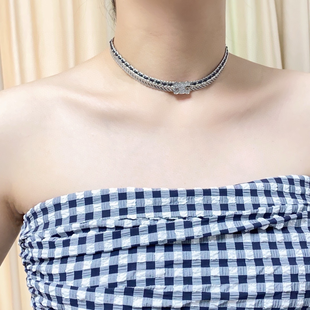 Celine Skeleton Chic Triomphe Choker necklace silver-toned metal with black woven inlay and clear crystal pave Triomphe logo 35cm with 5cm extender