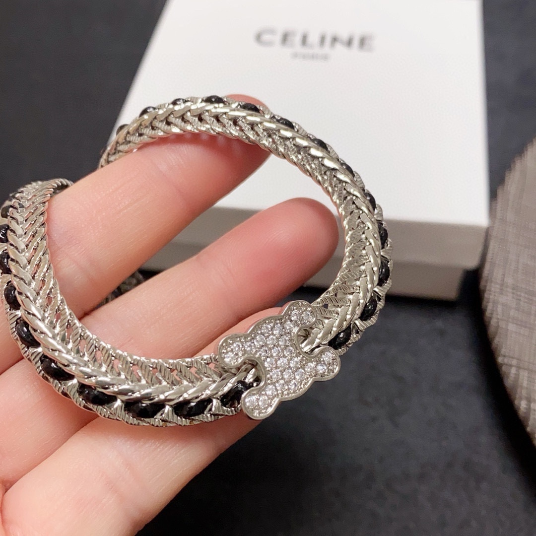 Celine Skeleton Chic Triomphe Choker necklace silver-toned metal with black woven inlay and clear crystal pave Triomphe logo 35cm with 5cm extender