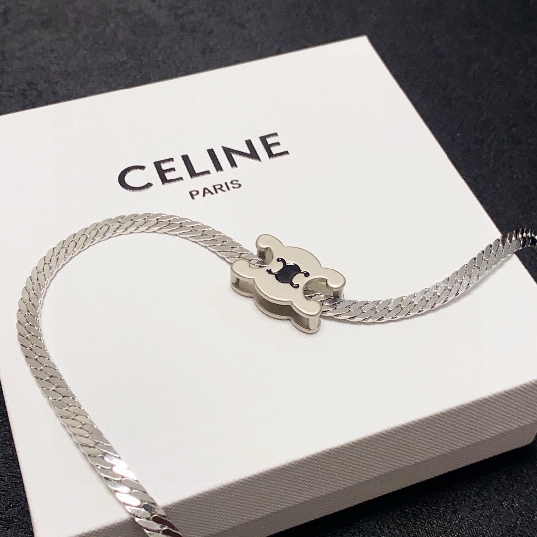 Celine Triomphe Skeleton Chic Herringbone Choker necklace Silver-toned metal with black enamel Triomphe logo detail 40cm with 5cm extender