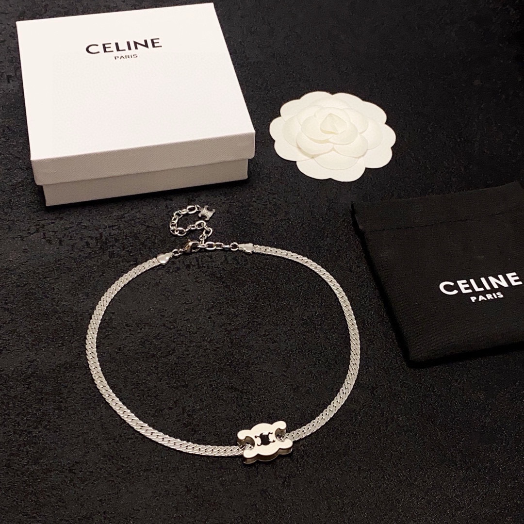 Celine Triomphe Skeleton Chic Herringbone Choker necklace Silver-toned metal with black enamel Triomphe logo detail 40cm with 5cm extender