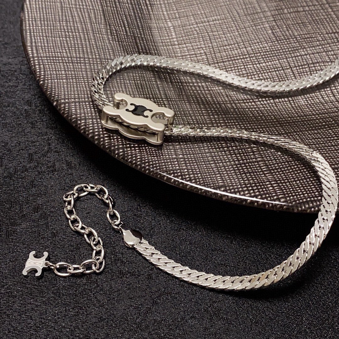 Celine Triomphe Skeleton Chic Herringbone Choker necklace Silver-toned metal with black enamel Triomphe logo detail 40cm with 5cm extender