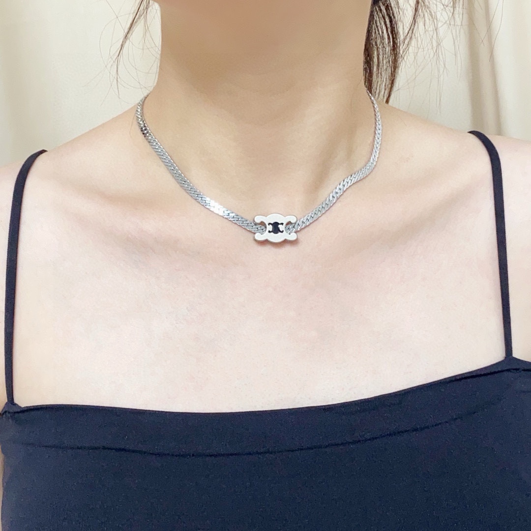 Celine Triomphe Skeleton Chic Herringbone Choker necklace Silver-toned metal with black enamel Triomphe logo detail 40cm with 5cm extender