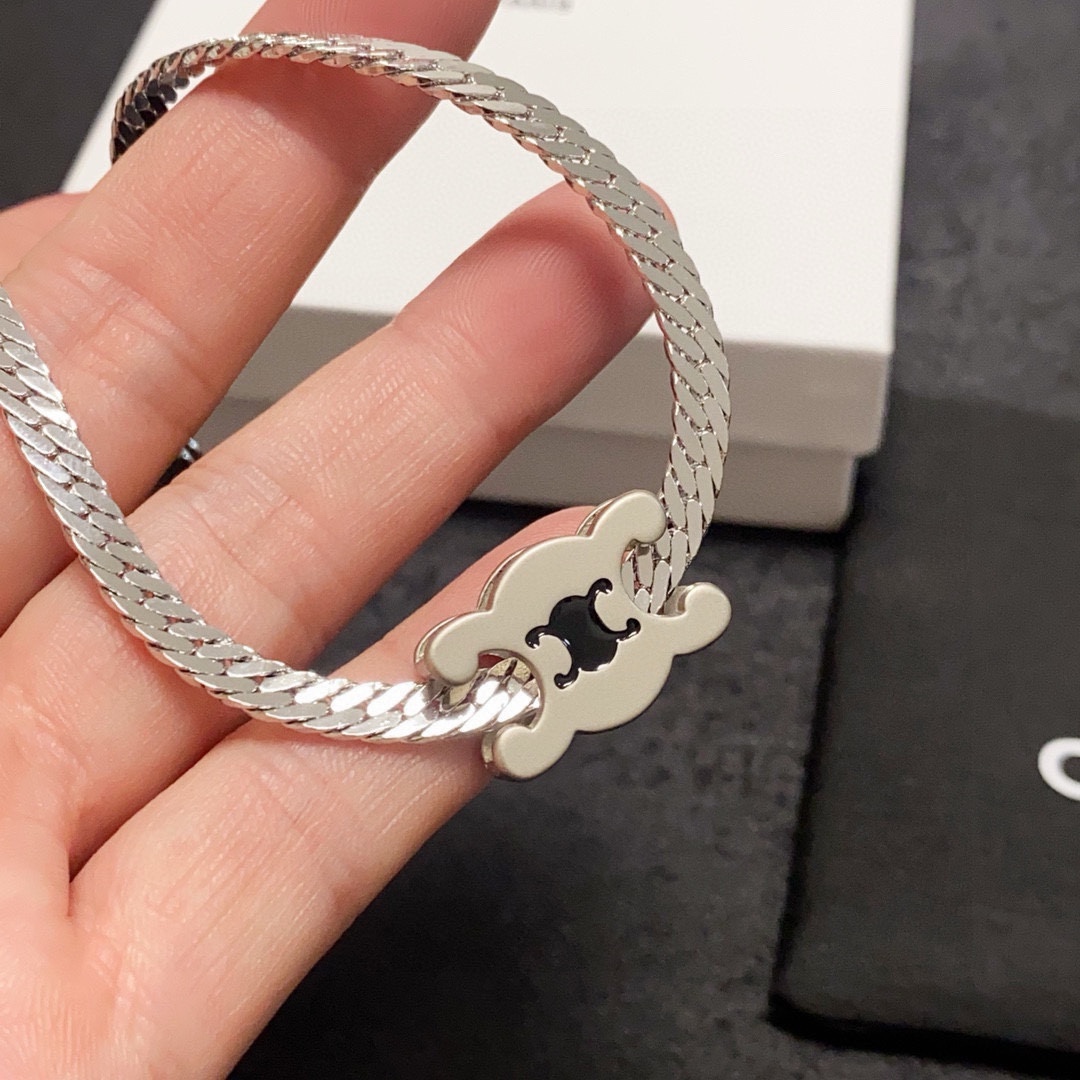 Celine Triomphe Skeleton Chic Herringbone Choker necklace Silver-toned metal with black enamel Triomphe logo detail 40cm with 5cm extender