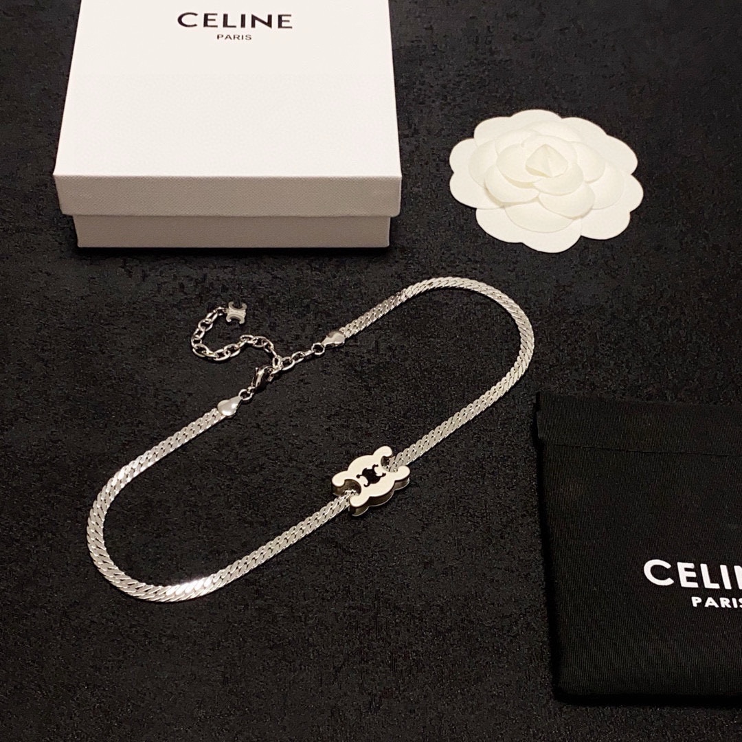 Celine Triomphe Skeleton Chic Herringbone Choker necklace Silver-toned metal with black enamel Triomphe logo detail 40cm with 5cm extender