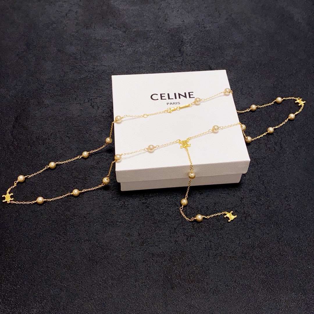 Celine Triomphe Pearl Lariat necklace gold-tone metal with cream pearls 80cm