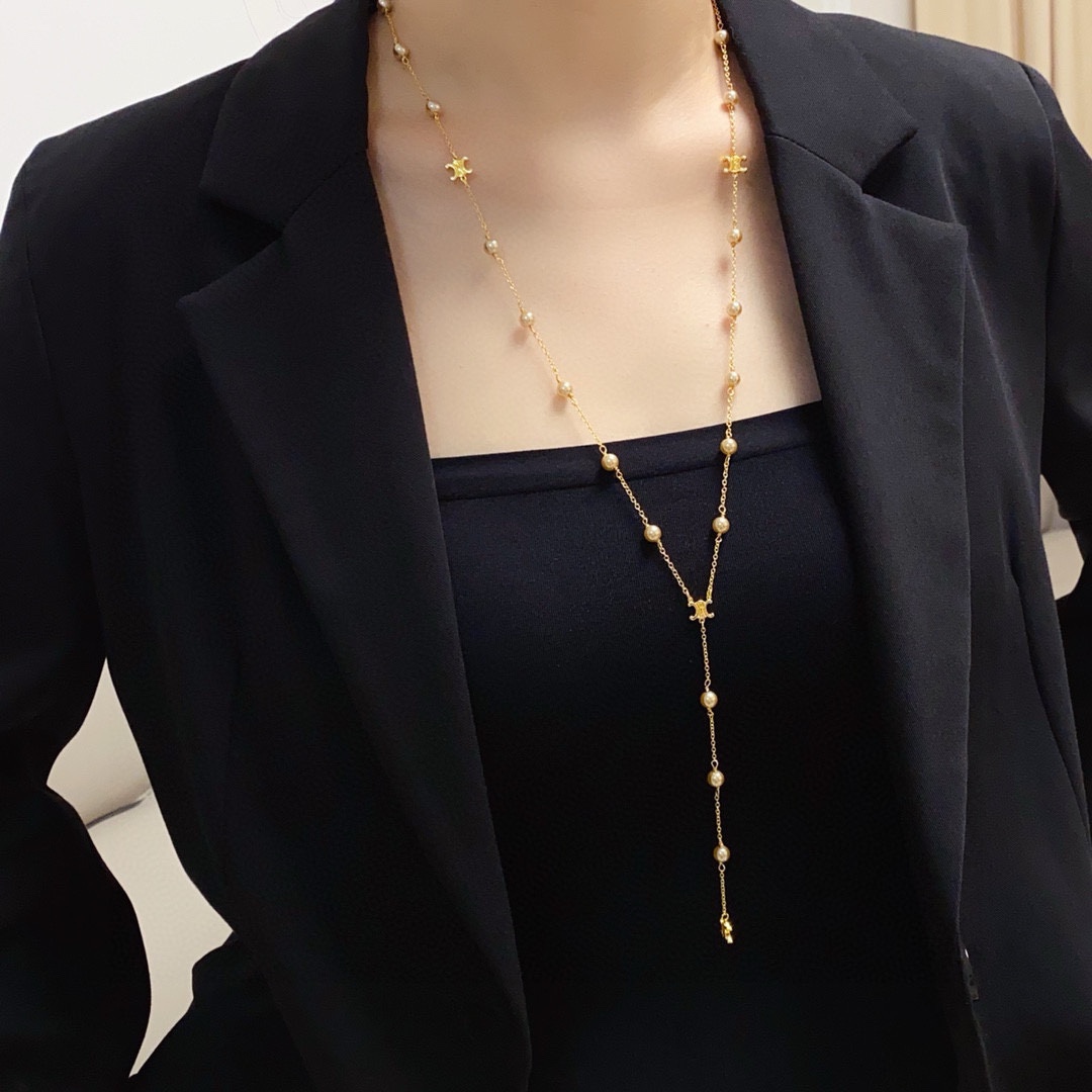 Celine Triomphe Pearl Lariat necklace gold-tone metal with cream pearls 80cm