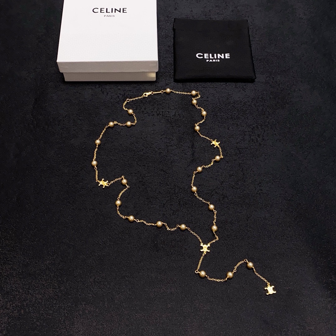 Celine Triomphe Pearl Lariat necklace gold-tone metal with cream pearls 80cm