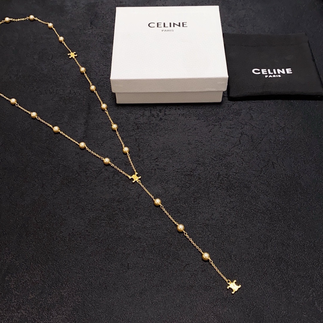 Celine Triomphe Pearl Lariat necklace gold-tone metal with cream pearls 80cm