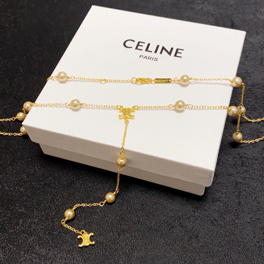 Celine Triomphe Pearl Lariat necklace gold-tone metal with cream pearls 80cm