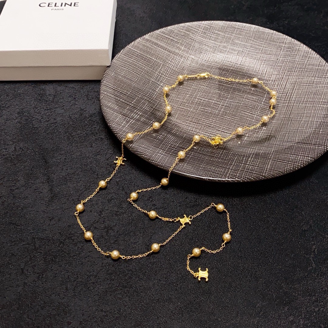 Celine Triomphe Pearl Lariat necklace gold-tone metal with cream pearls 80cm