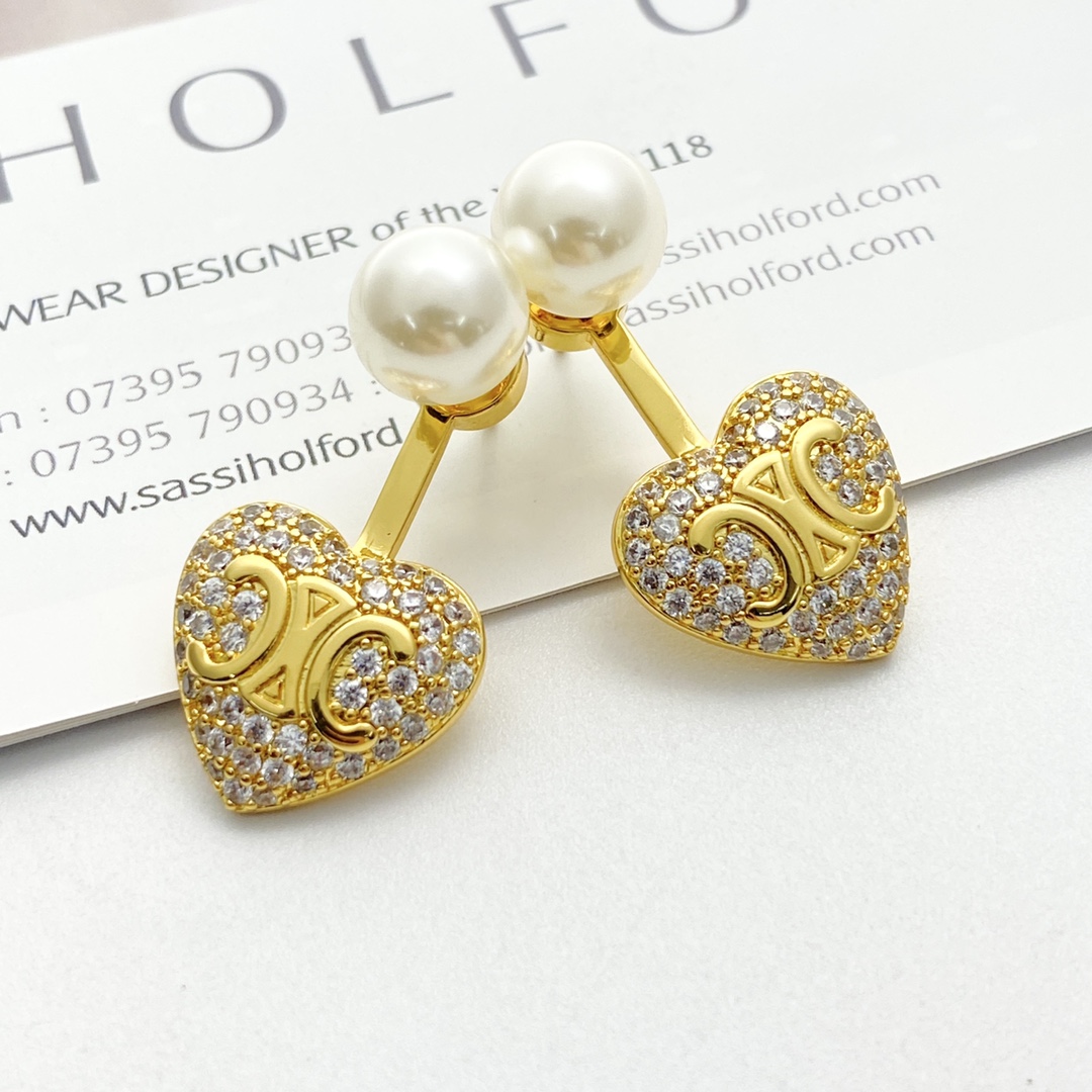 Celine Triomphe Heart Pearl Crystal Earrings earrings Gold-tone metal white pearl clear crystal One Size