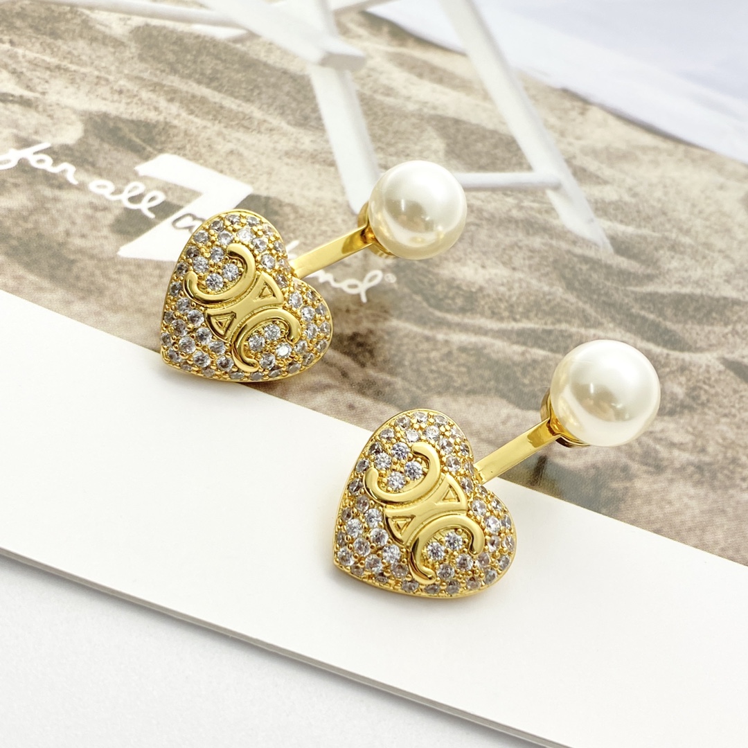 Celine Triomphe Heart Pearl Crystal Earrings earrings Gold-tone metal white pearl clear crystal One Size