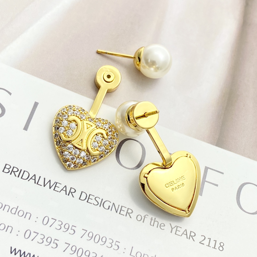 Celine Triomphe Heart Pearl Crystal Earrings earrings Gold-tone metal white pearl clear crystal One Size