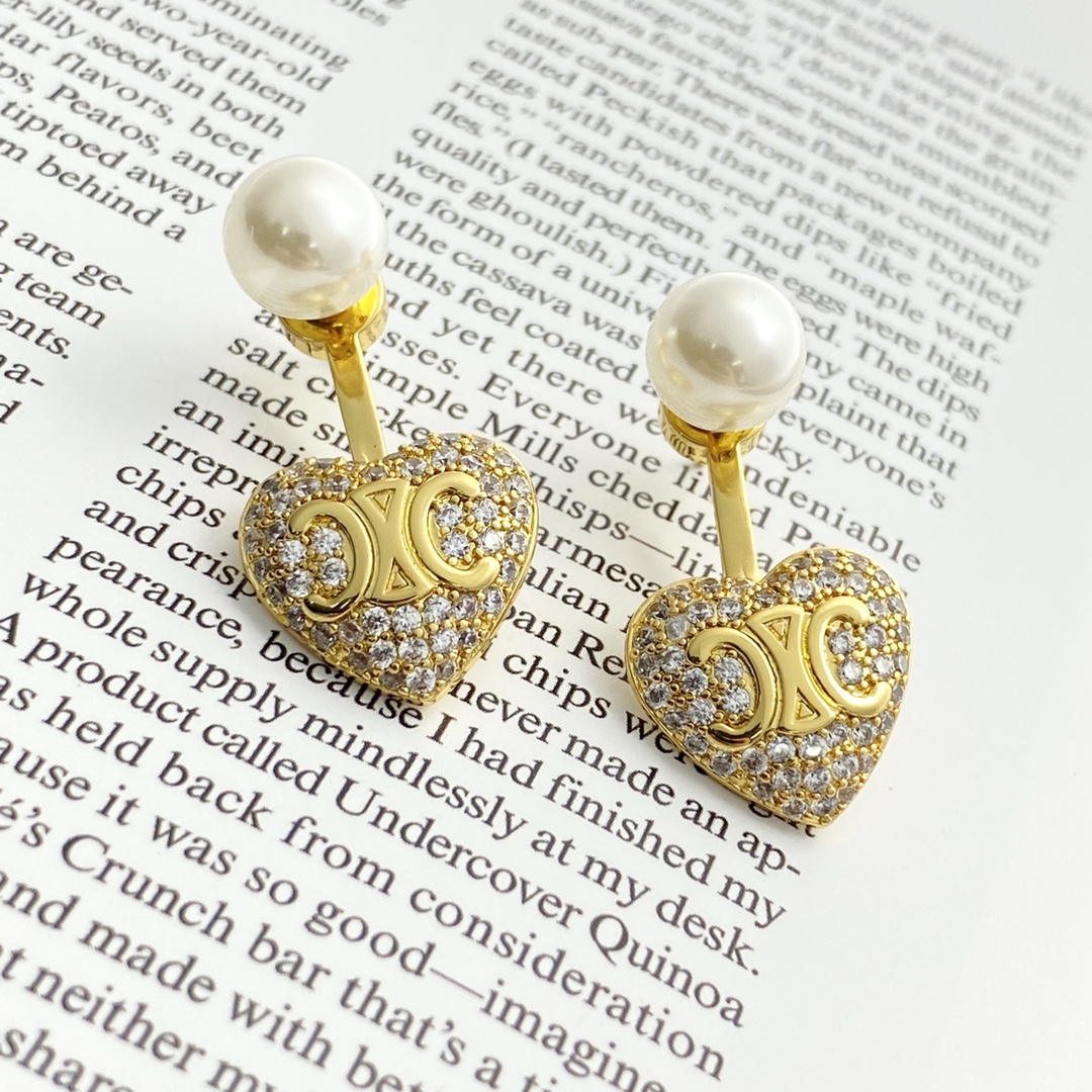 Celine Triomphe Heart Pearl Crystal Earrings earrings Gold-tone metal white pearl clear crystal One Size