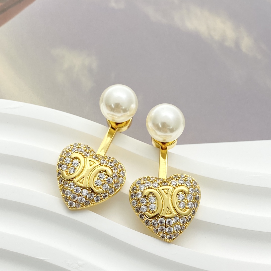 Celine Triomphe Heart Pearl Crystal Earrings earrings Gold-tone metal white pearl clear crystal One Size