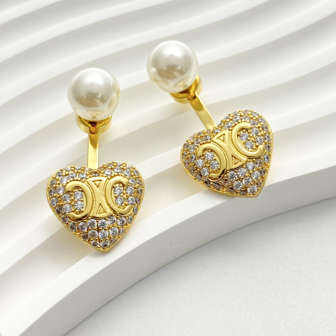 Celine Triomphe Heart Pearl Crystal Earrings earrings Gold-tone metal white pearl clear crystal One Size