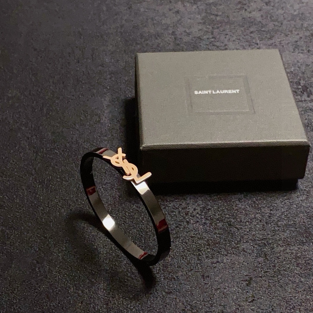 Saint Laurent Cassandre YSL Monogram Bangle bracelet black enamel with gold-tone metal logo 17cm inner circumference