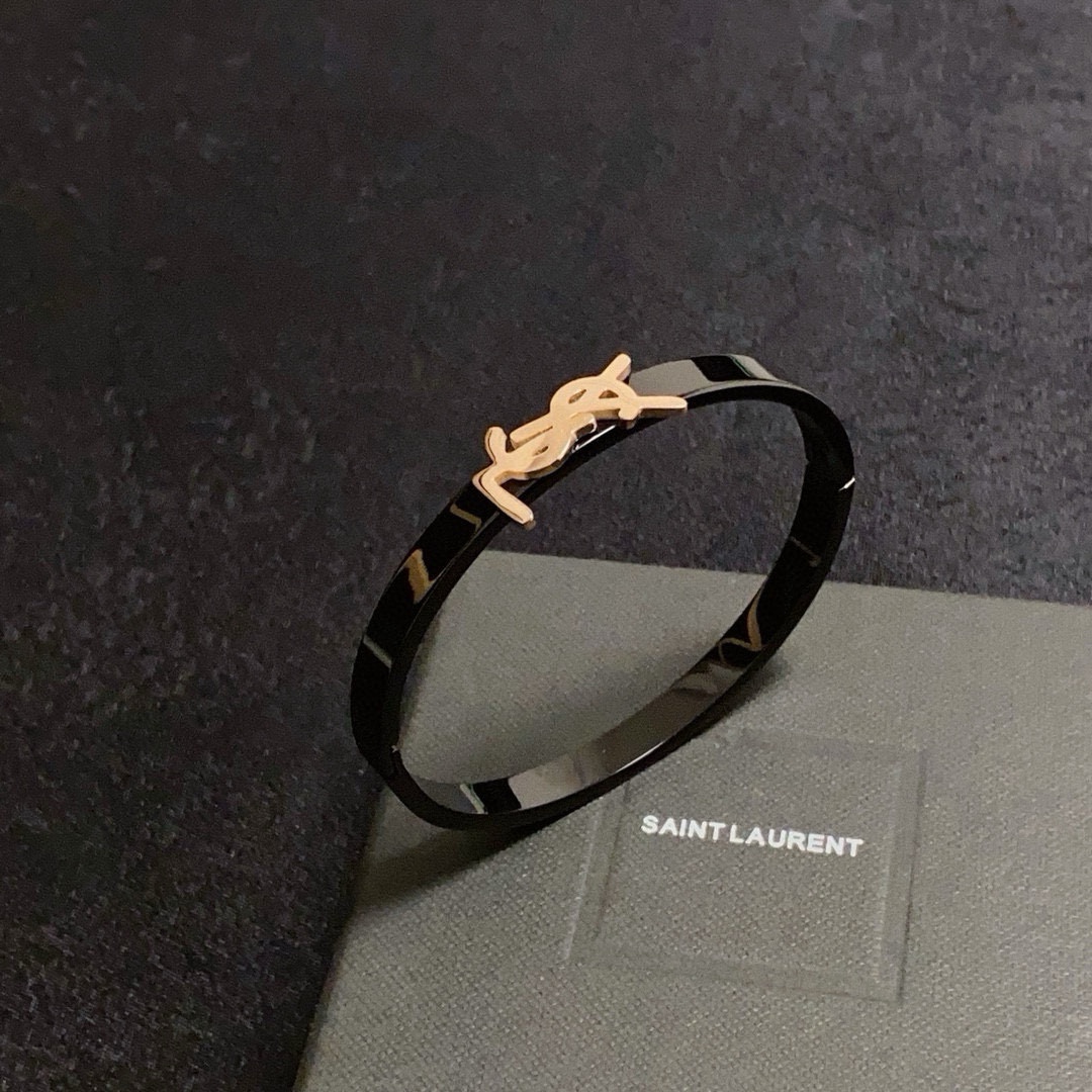 Saint Laurent Cassandre YSL Monogram Bangle bracelet black enamel with gold-tone metal logo 17cm inner circumference