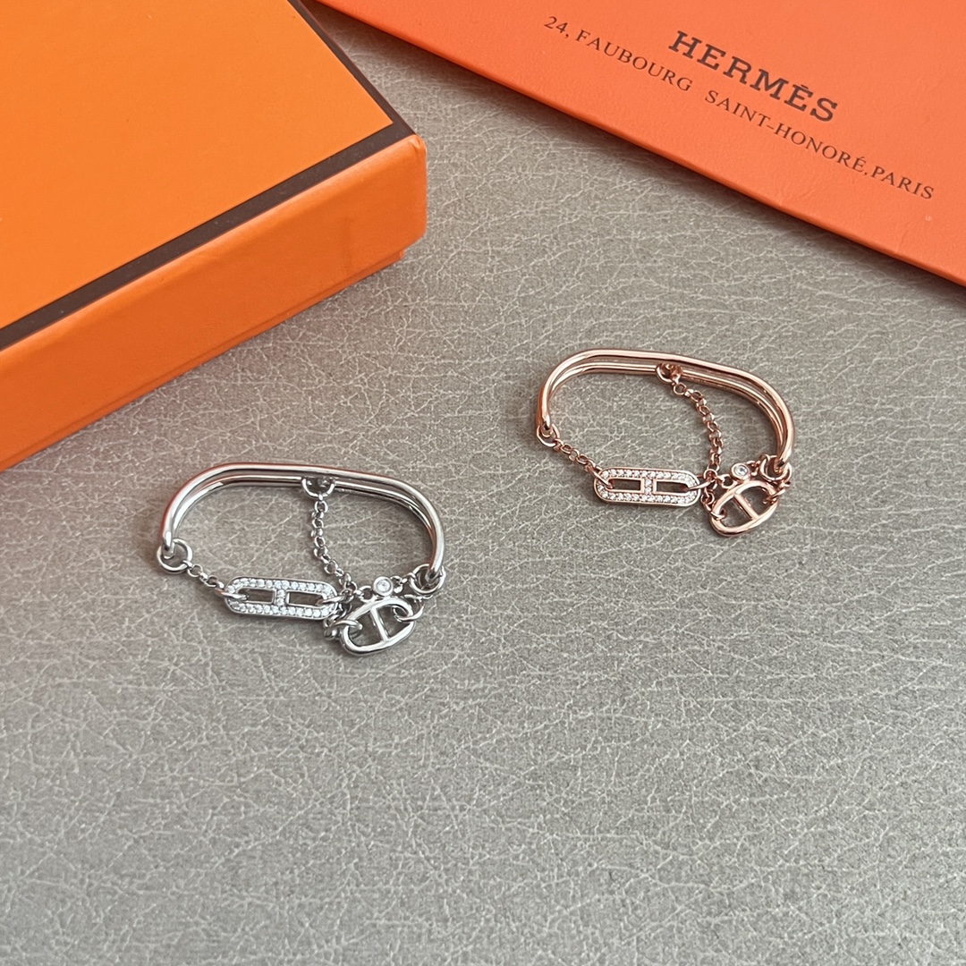 Anillo Hermes Chaine d Ancre Chaos Double Ring en oro rosa de 18 quilates con detalles de diamantes 52