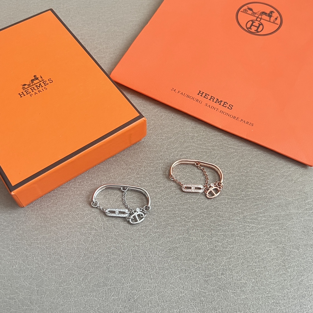 Anillo Hermes Chaine d Ancre Chaos Double Ring en oro rosa de 18 quilates con detalles de diamantes 52