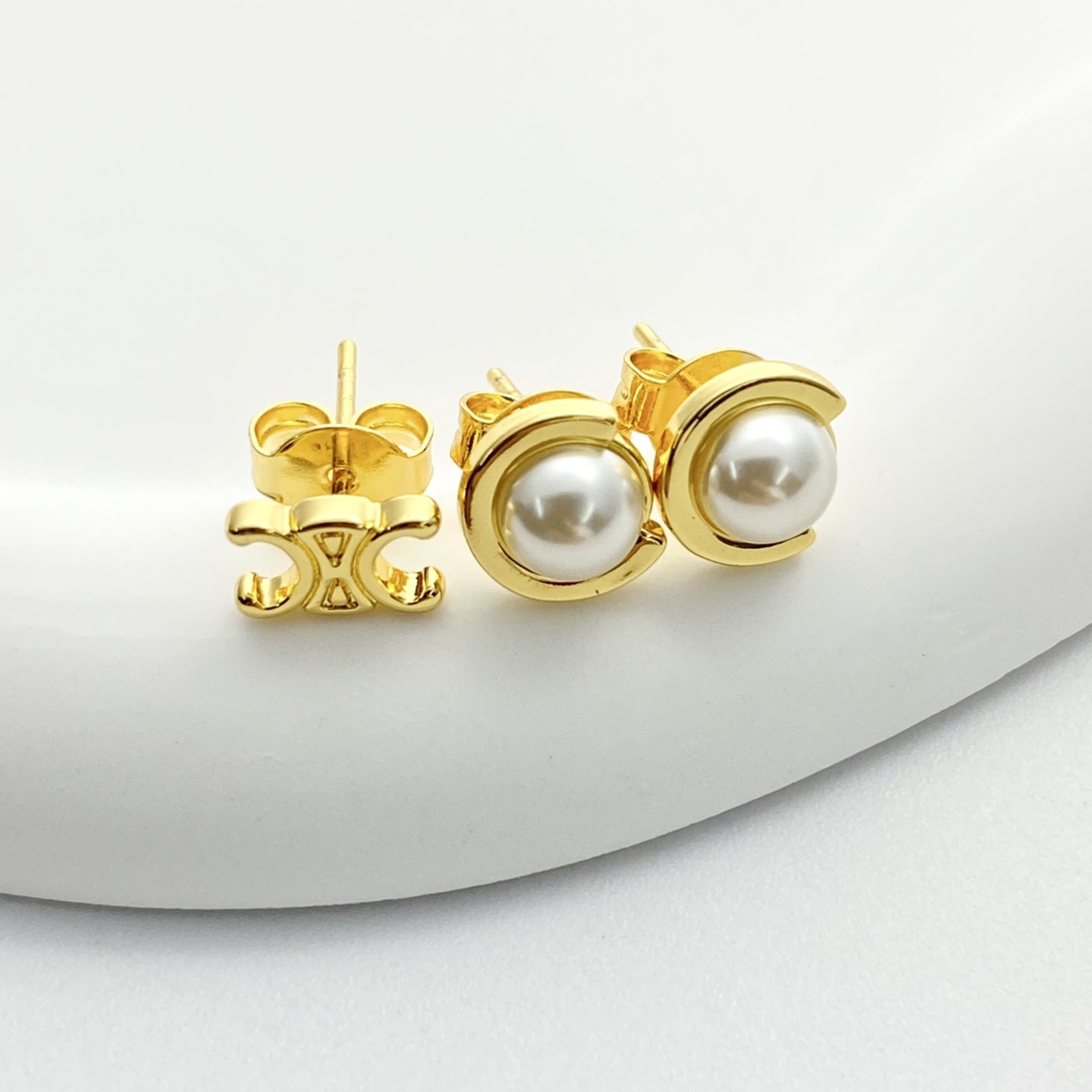 Celine Triomphe Pearl Stud Earrings earrings Gold-tone metal with white pearl accents One Size standard stud post length
