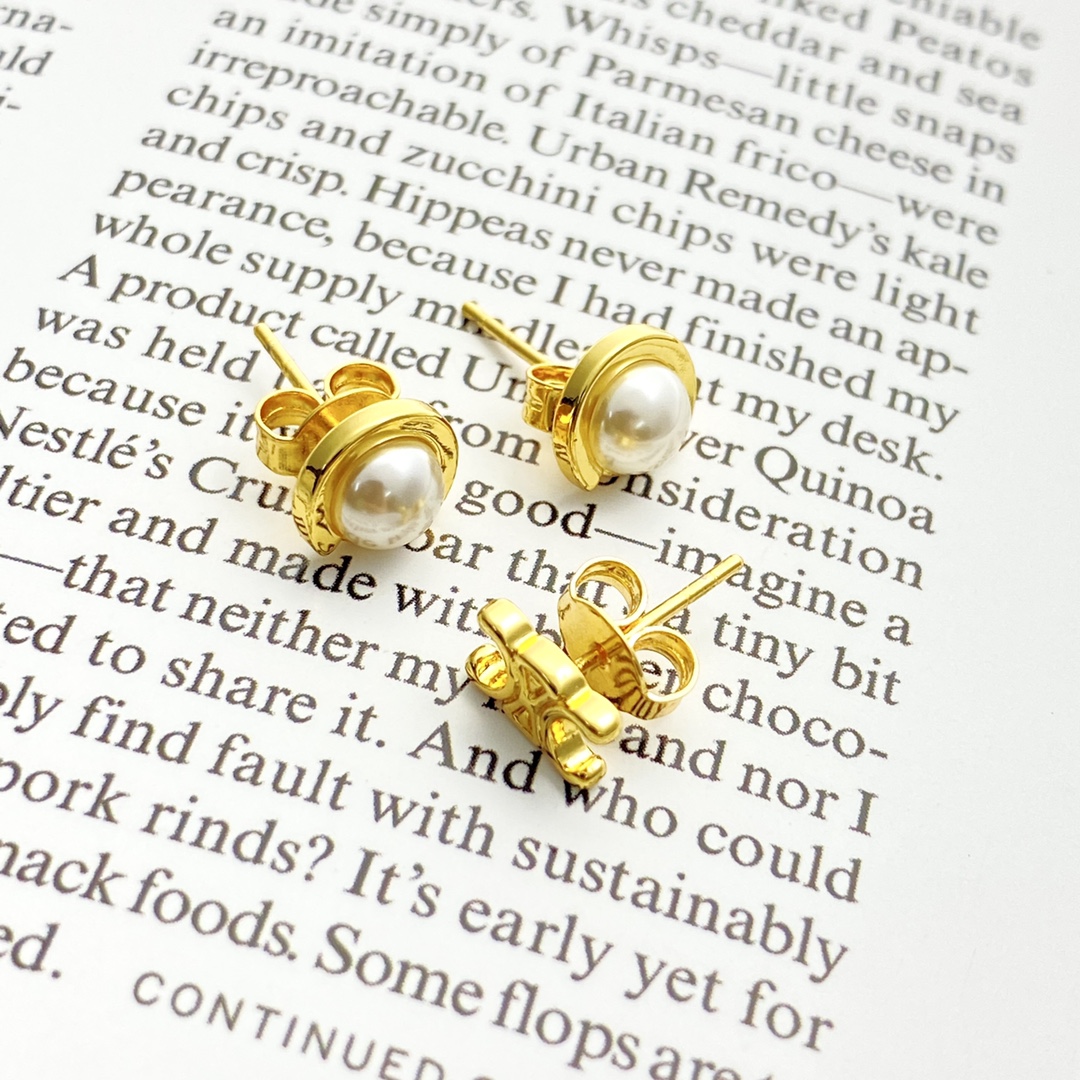 Celine Triomphe Pearl Stud Earrings earrings Gold-tone metal with white pearl accents One Size standard stud post length