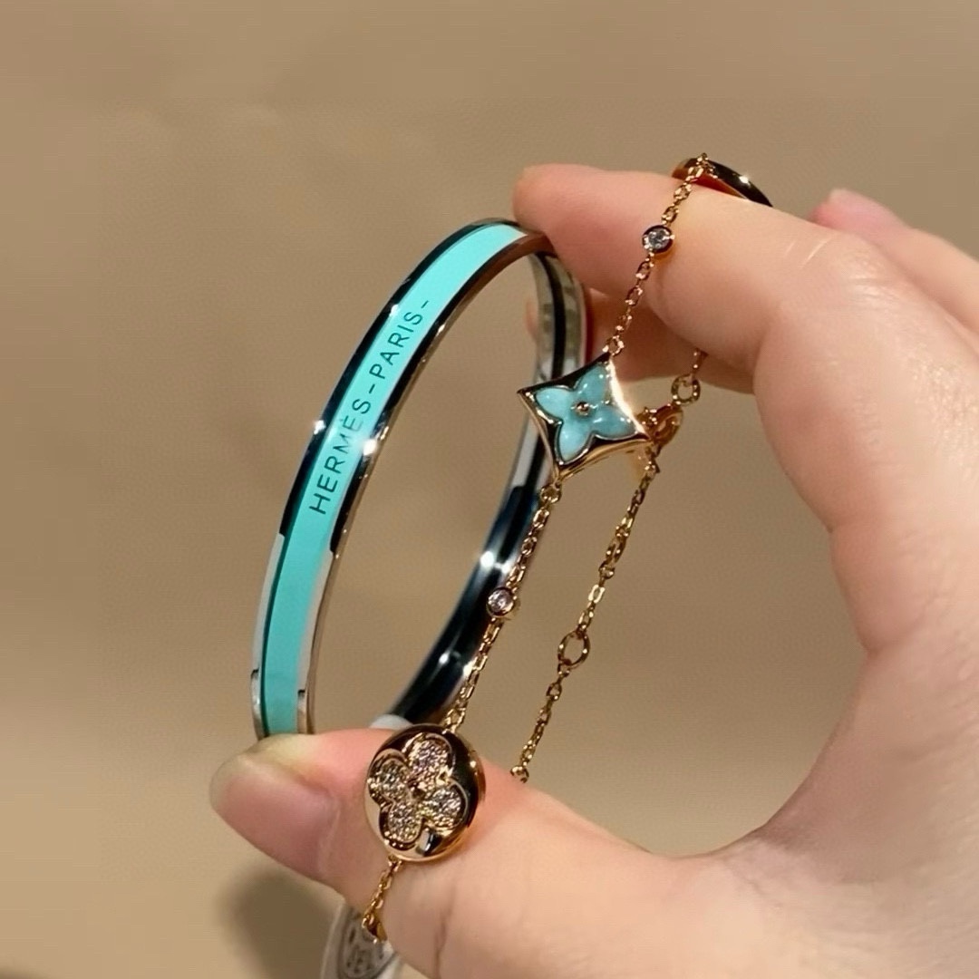 Bracciale Hermes Uni Bangle MM in metallo placcato palladio con smalto turchese
