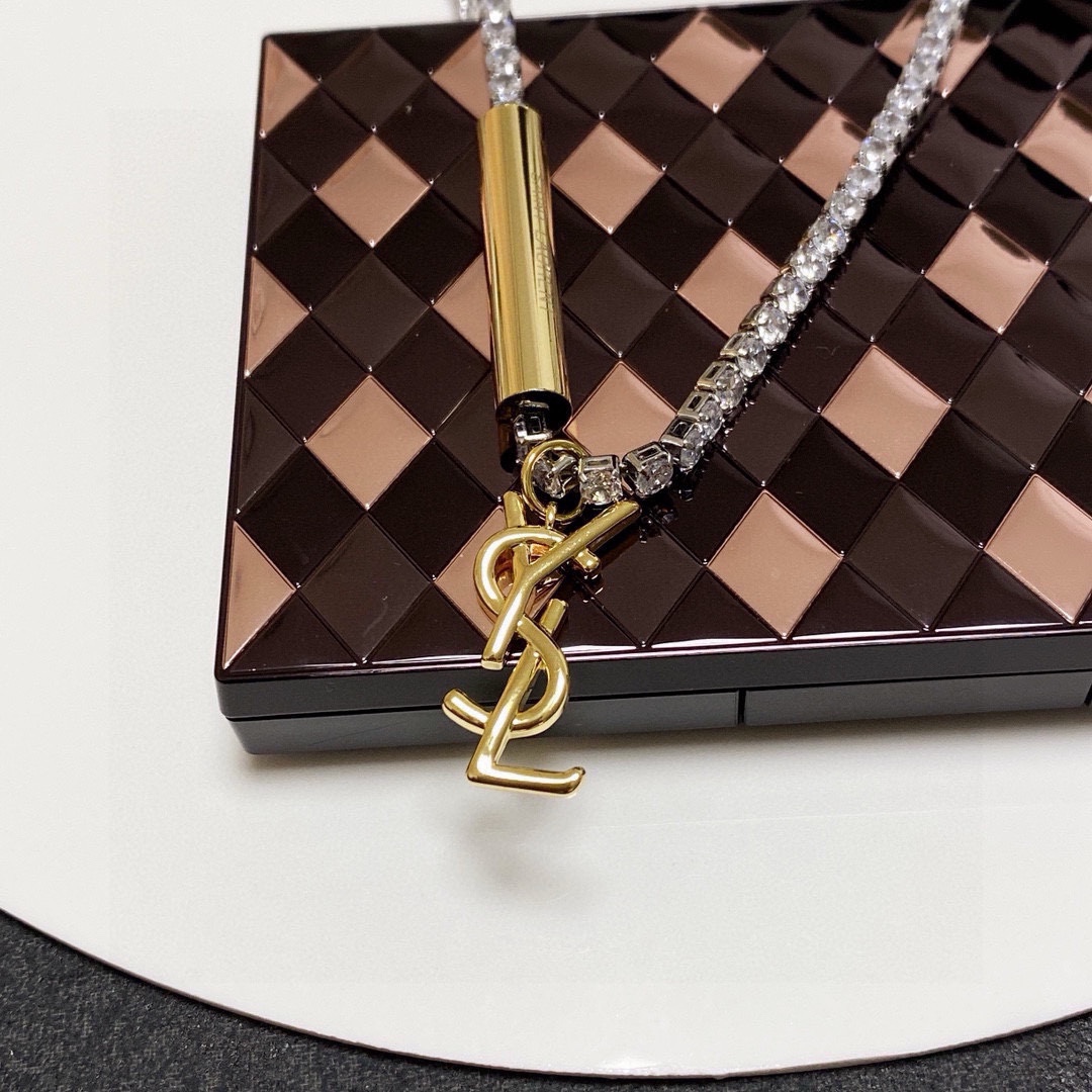 Saint Laurent Cassandre YSL Monogram Crystal Tennis Choker necklace silver-toned metal with clear faceted crystals gold-toned metal logo and bar accent 40cm with 5cm extender