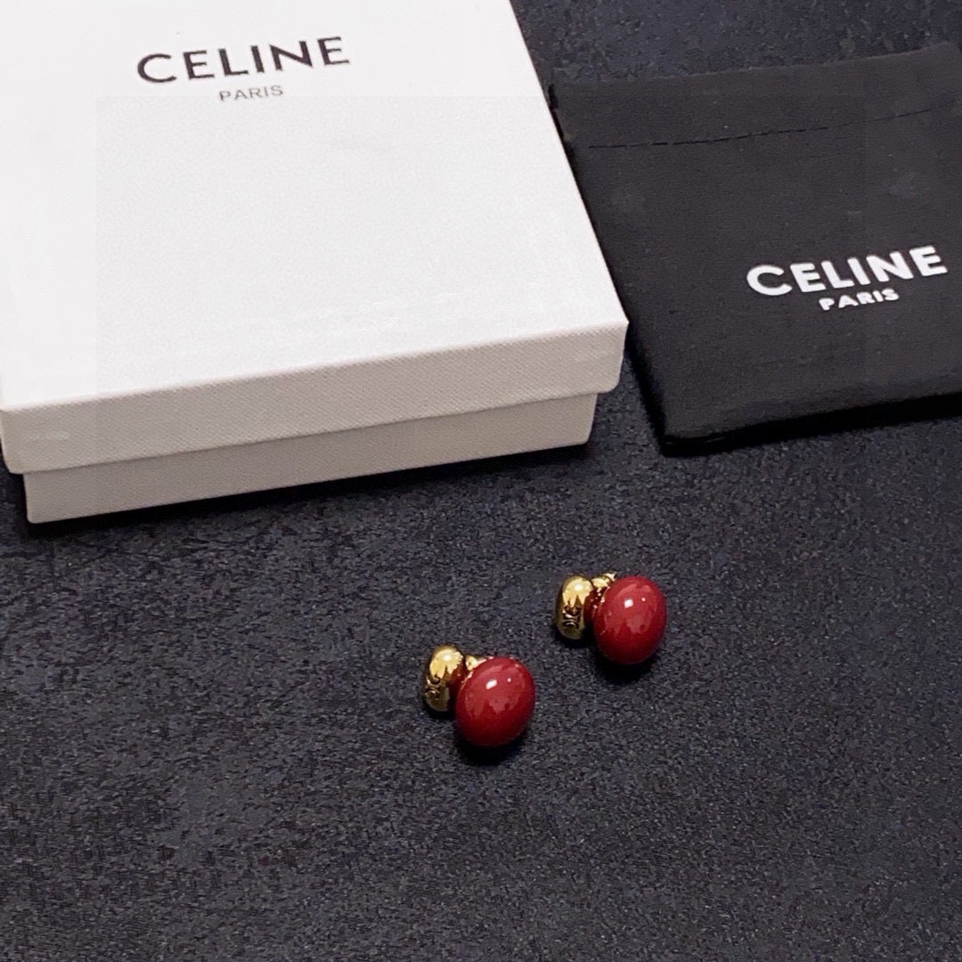 Celine Triomphe Double Bead Stud Earrings earrings gold-tone metal with deep red resin beads 1 2cm total length per earring