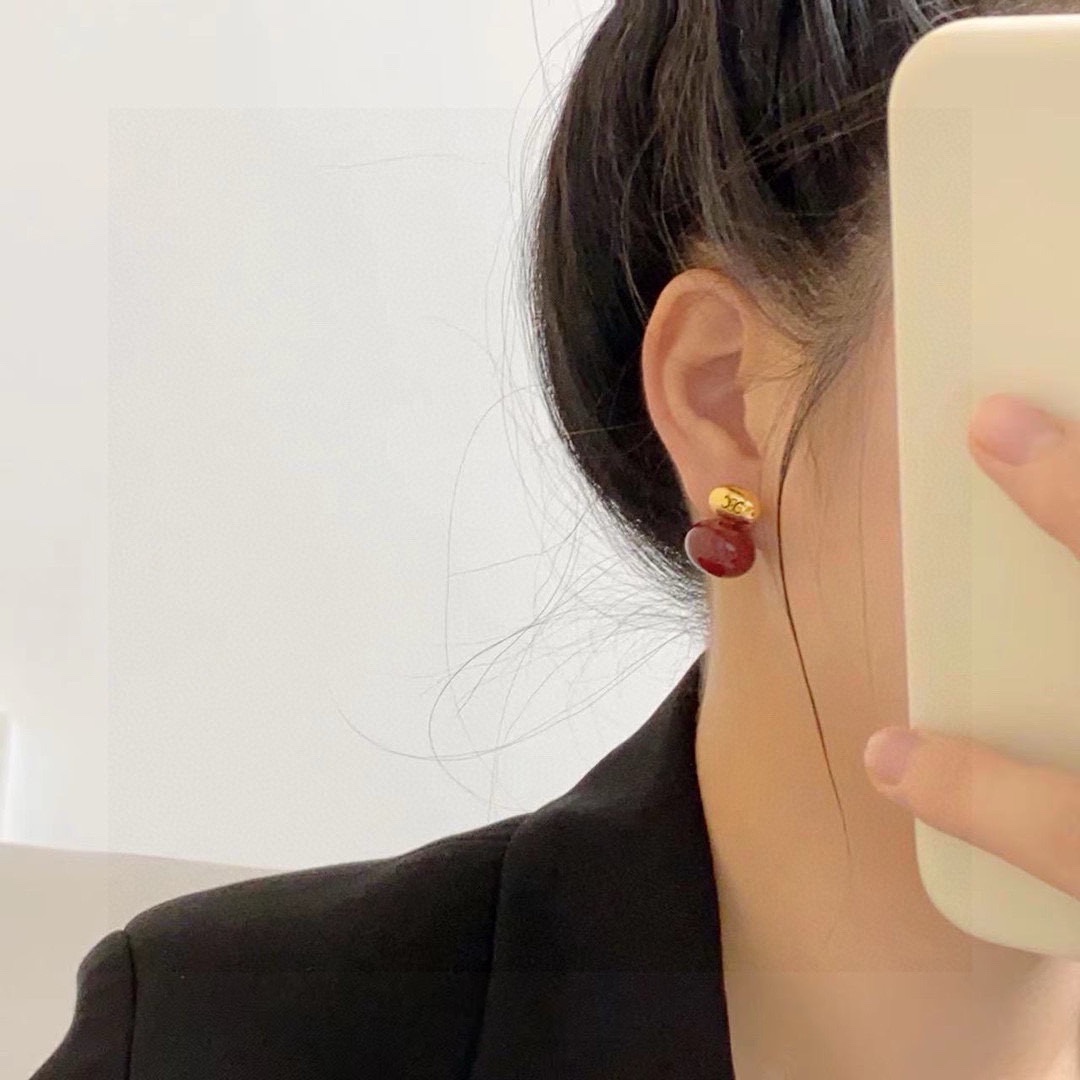 Celine Triomphe Double Bead Stud Earrings earrings gold-tone metal with deep red resin beads 1 2cm total length per earring
