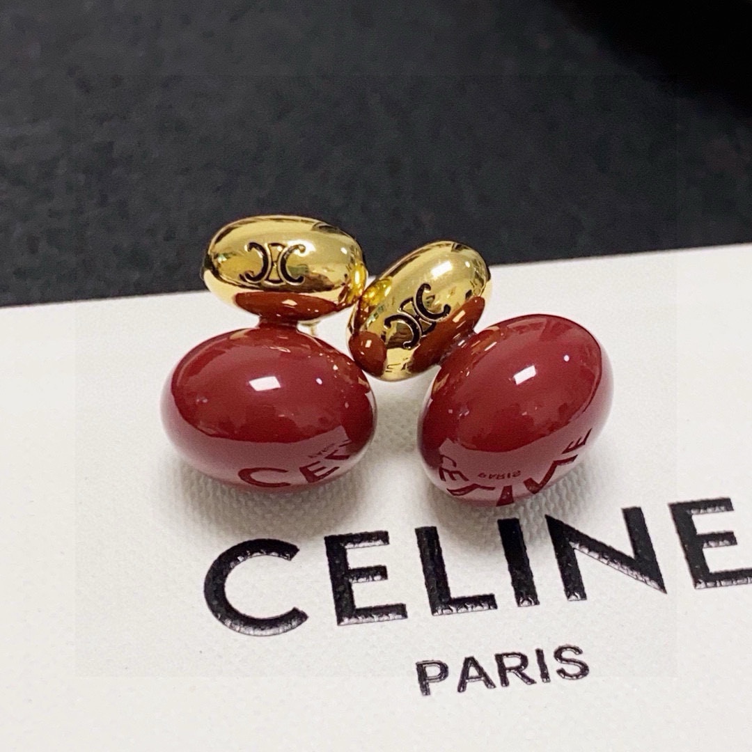 Celine Triomphe Double Bead Stud Earrings earrings gold-tone metal with deep red resin beads 1 2cm total length per earring