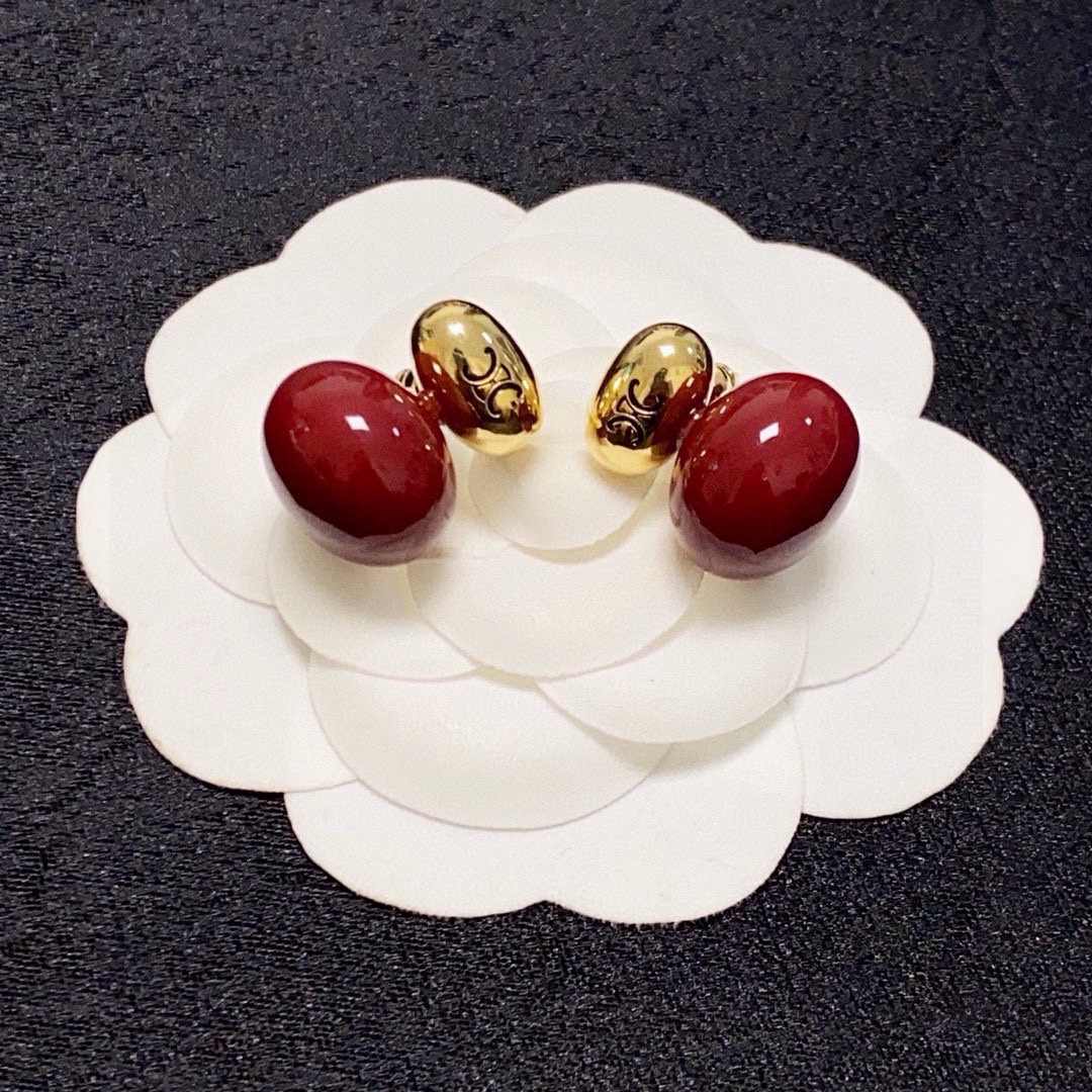 Celine Triomphe Double Bead Stud Earrings earrings gold-tone metal with deep red resin beads 1 2cm total length per earring