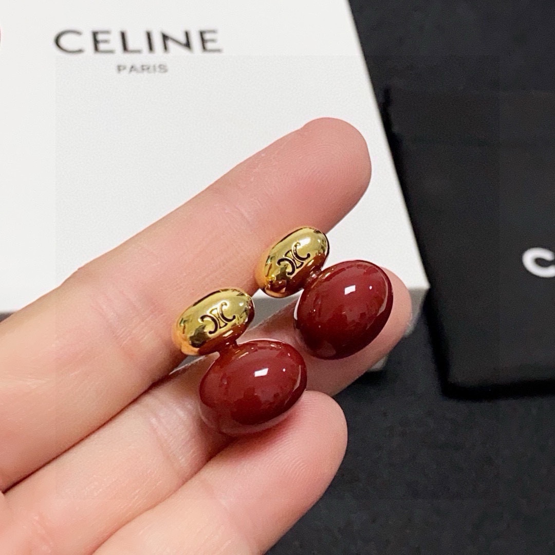 Celine Triomphe Double Bead Stud Earrings earrings gold-tone metal with deep red resin beads 1 2cm total length per earring