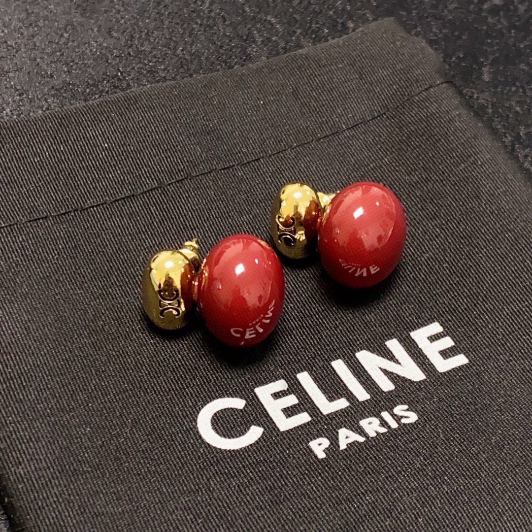 Celine Triomphe Double Bead Stud Earrings earrings gold-tone metal with deep red resin beads 1 2cm total length per earring