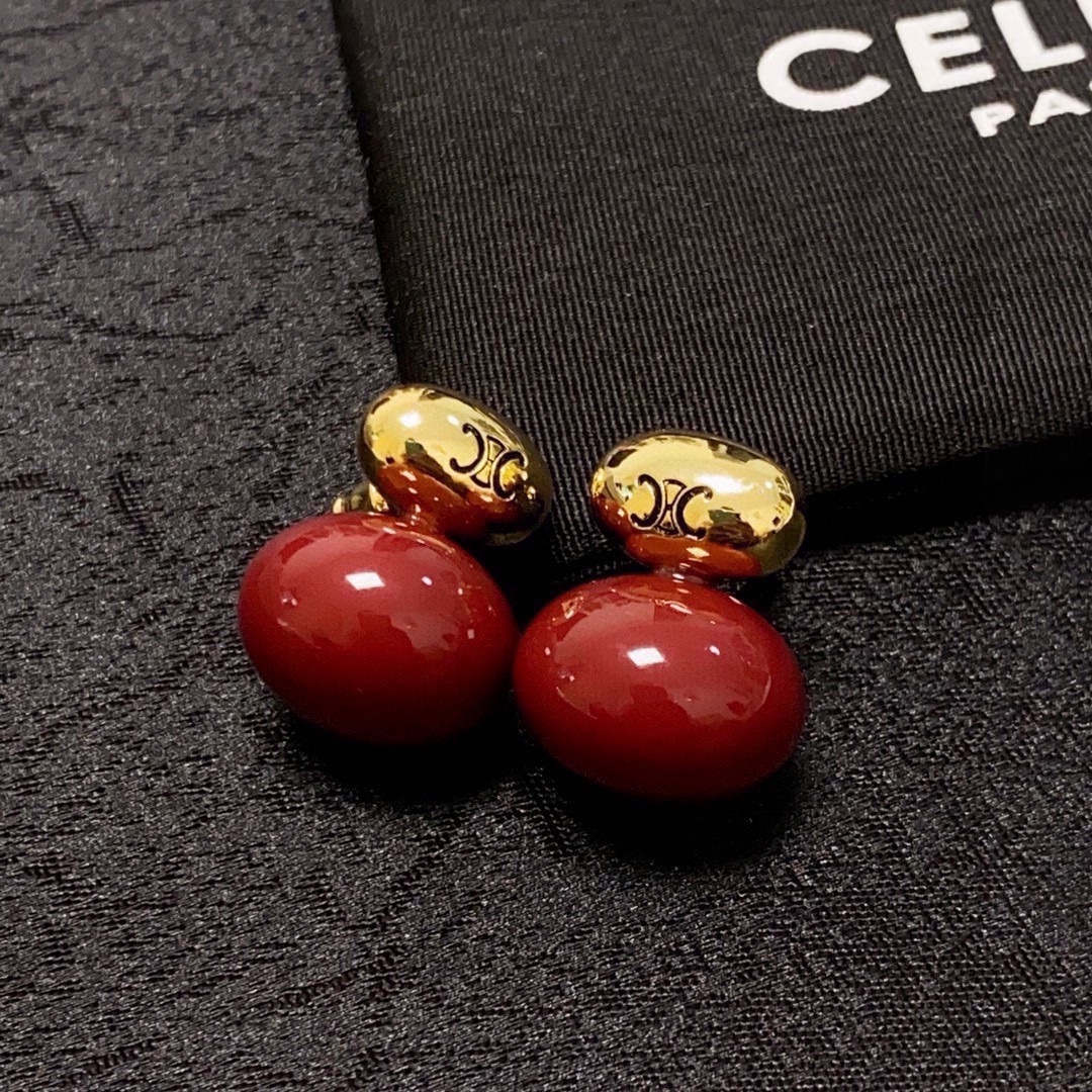 Celine Triomphe Double Bead Stud Earrings earrings gold-tone metal with deep red resin beads 1 2cm total length per earring