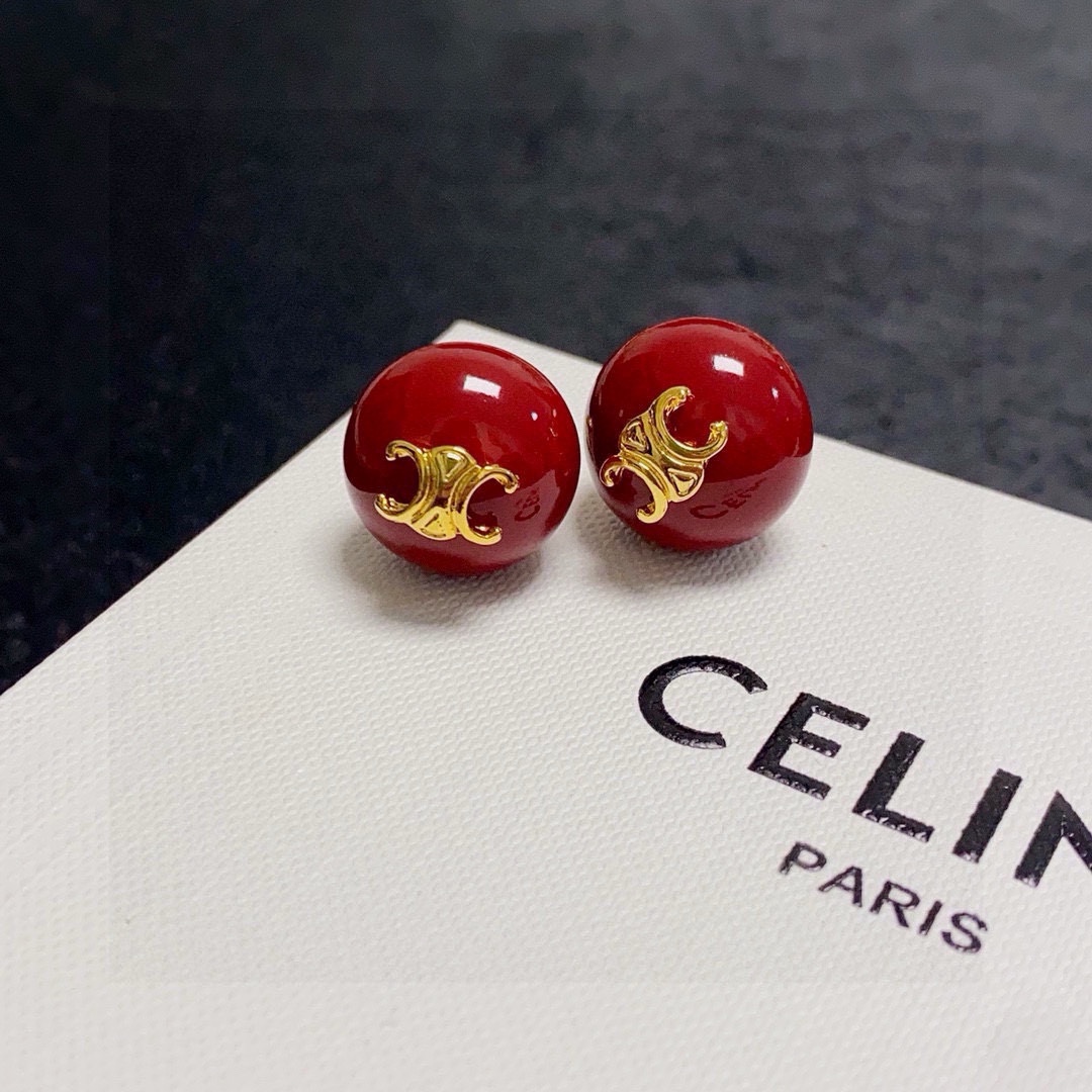 Celine Triomphe Resin Ball Stud Earrings earrings gold-tone metal deep burgundy red resin 1 5cm diameter
